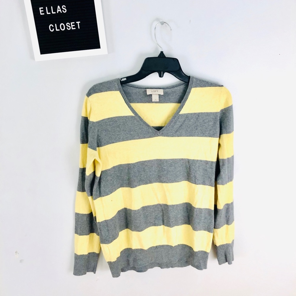 LOFT Gray and Yellow Striped V-Neck Sweater